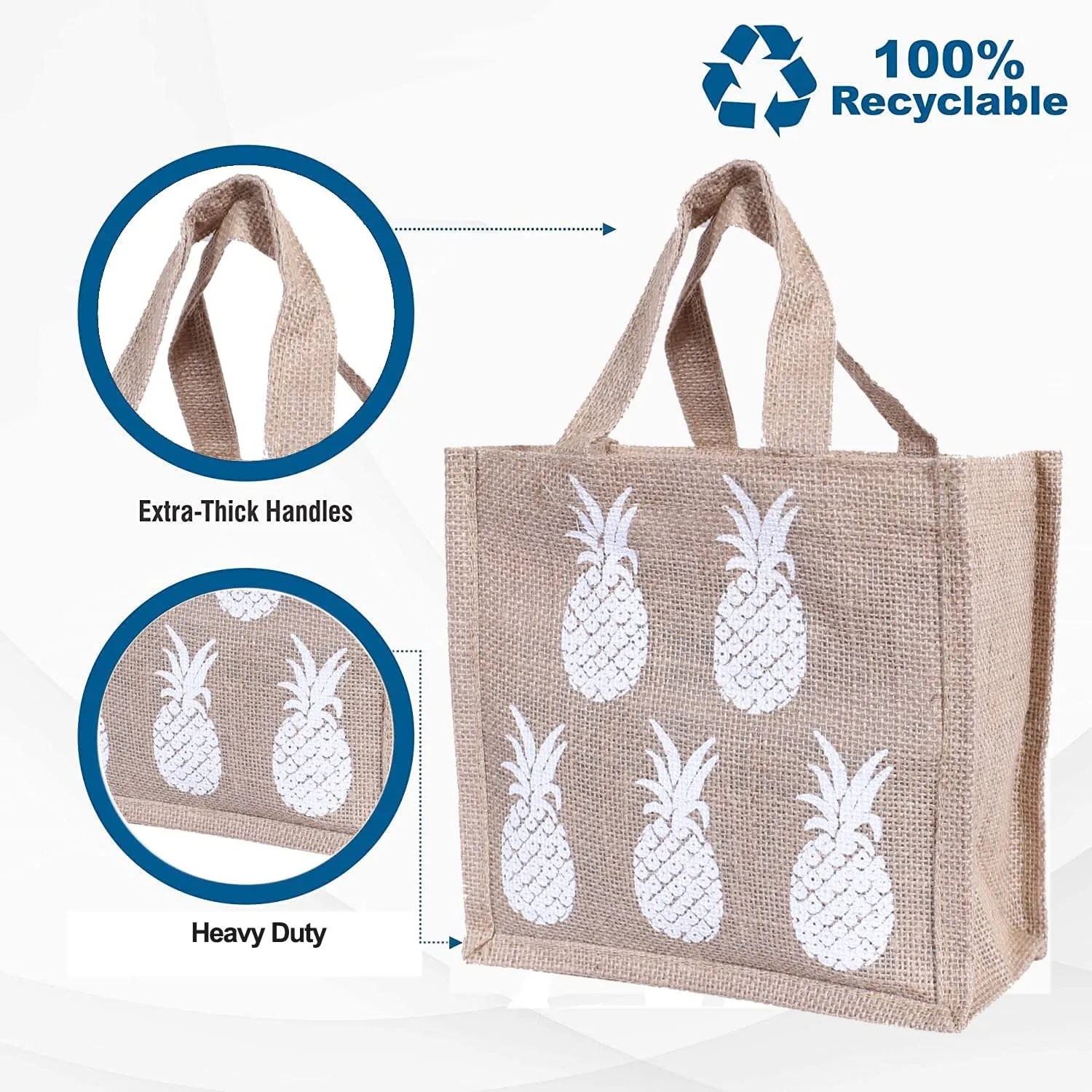 Heart Home Lunch Bag|Reusable Jute Fabric Tote Bag|Pineapple Print Tiffin Carry Hand Bag with Handle for Office,School,Gift,Pack of 2 (Brown)