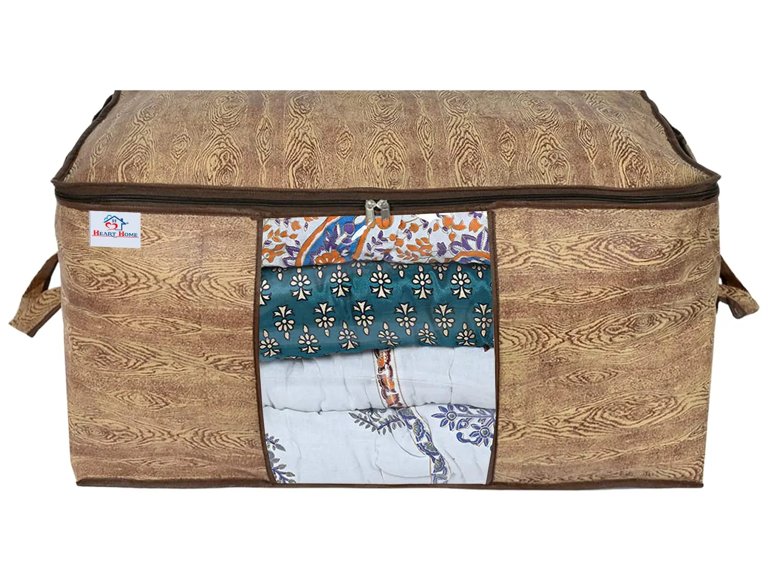 Heart Home Wooden Design Non-Woven Underbed, Strorage Organizer With Transparent Window- Pack of 12 (Brown)-44HH0516