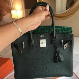 Hermès Birkin Limited Edition 30 Vert Emeraude Patchwork Crocodile Porosus Lisse Palladium Hardware PHW