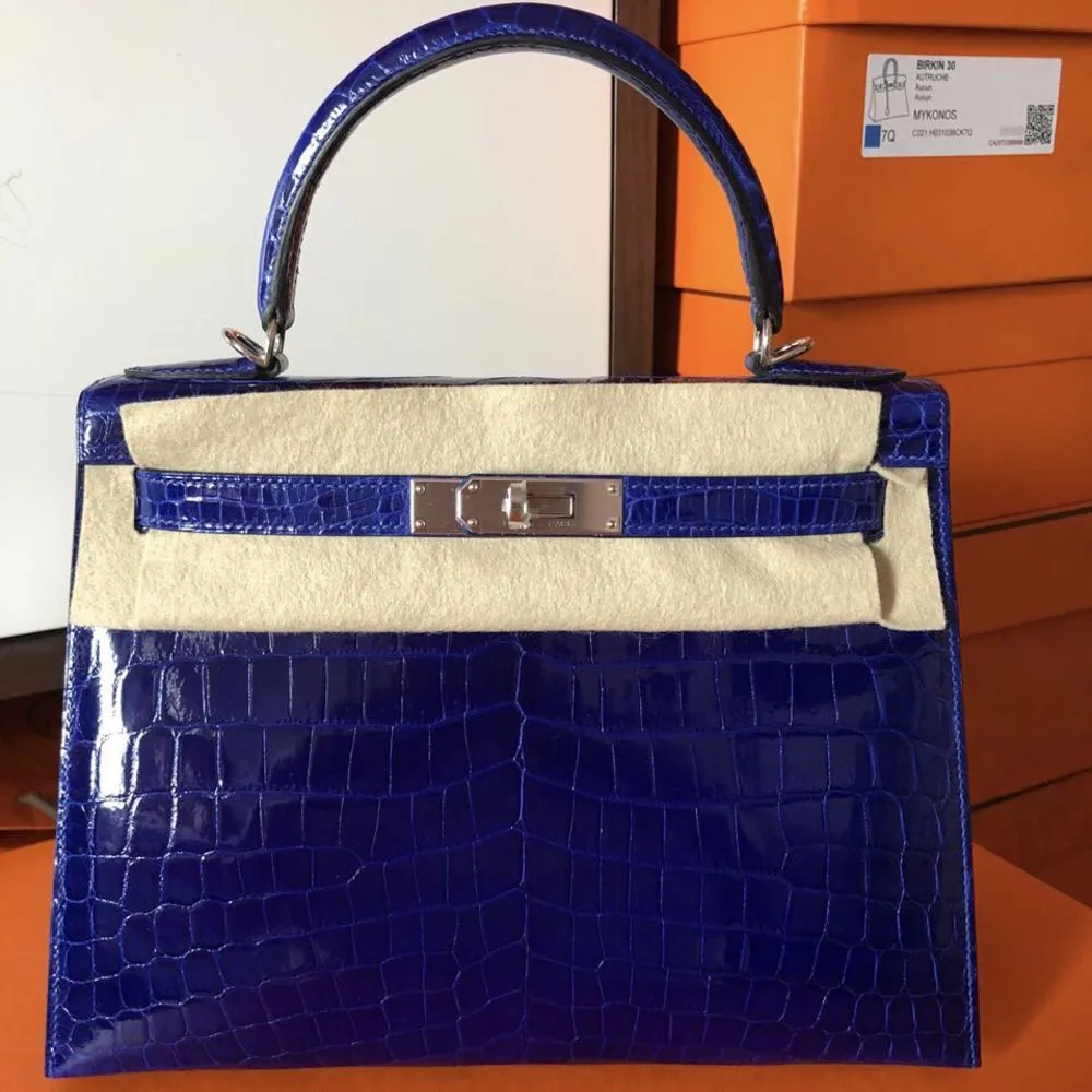 Hermès Kelly 28 Bleu Electrique Crocodile Niloticus Lisse Palladium Hardware PHW