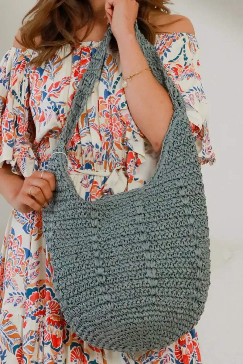 Isabella Boho Paisley Crochet Grey Raffia Bag