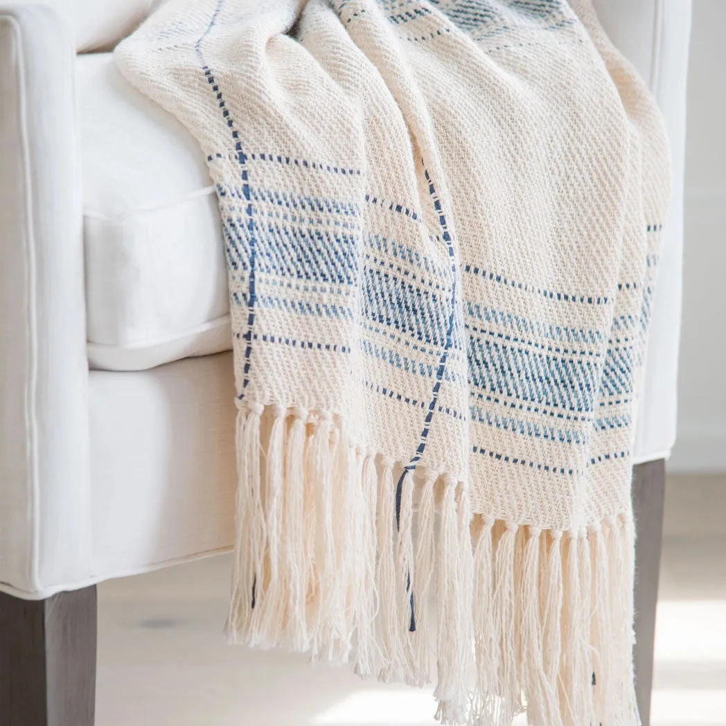 Ivory and Blue Striped Handwoven Cotton Throw