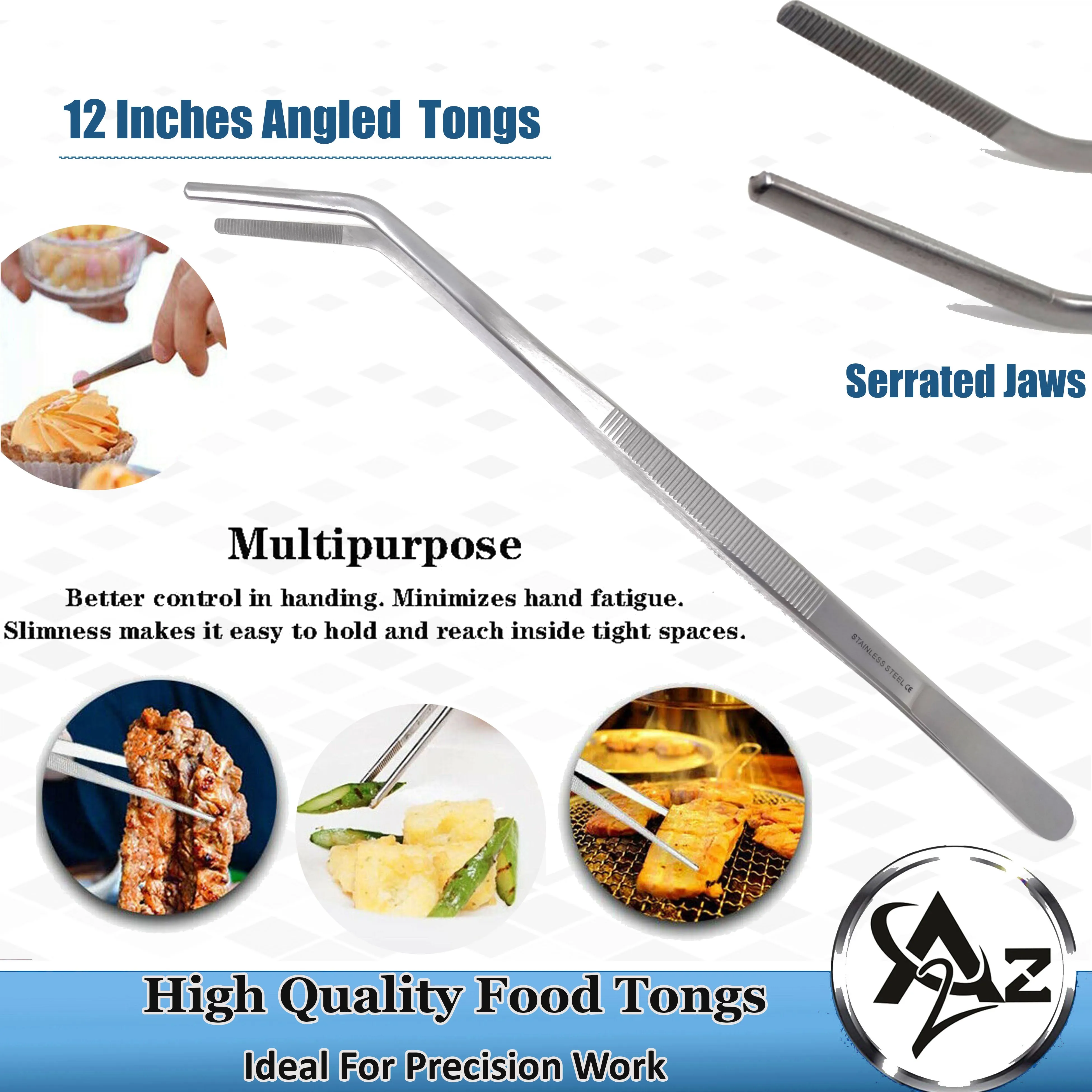 Kitchen Tweezers Stainless Steel Food Tongs Angled Serrated Tips 12" Large Tweezers for Commercial & Home Kitchen Use