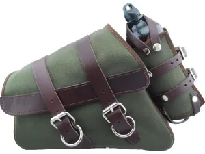 La Rosa Design Canvas Swing Arm Left Saddle Bag With Bottle With Black Straps Brown Army Green For 04-20 Sportster