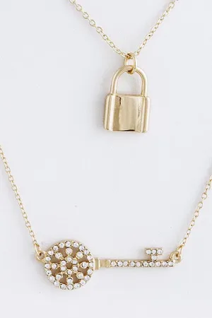 Layered Lock & Key Crystal Necklace