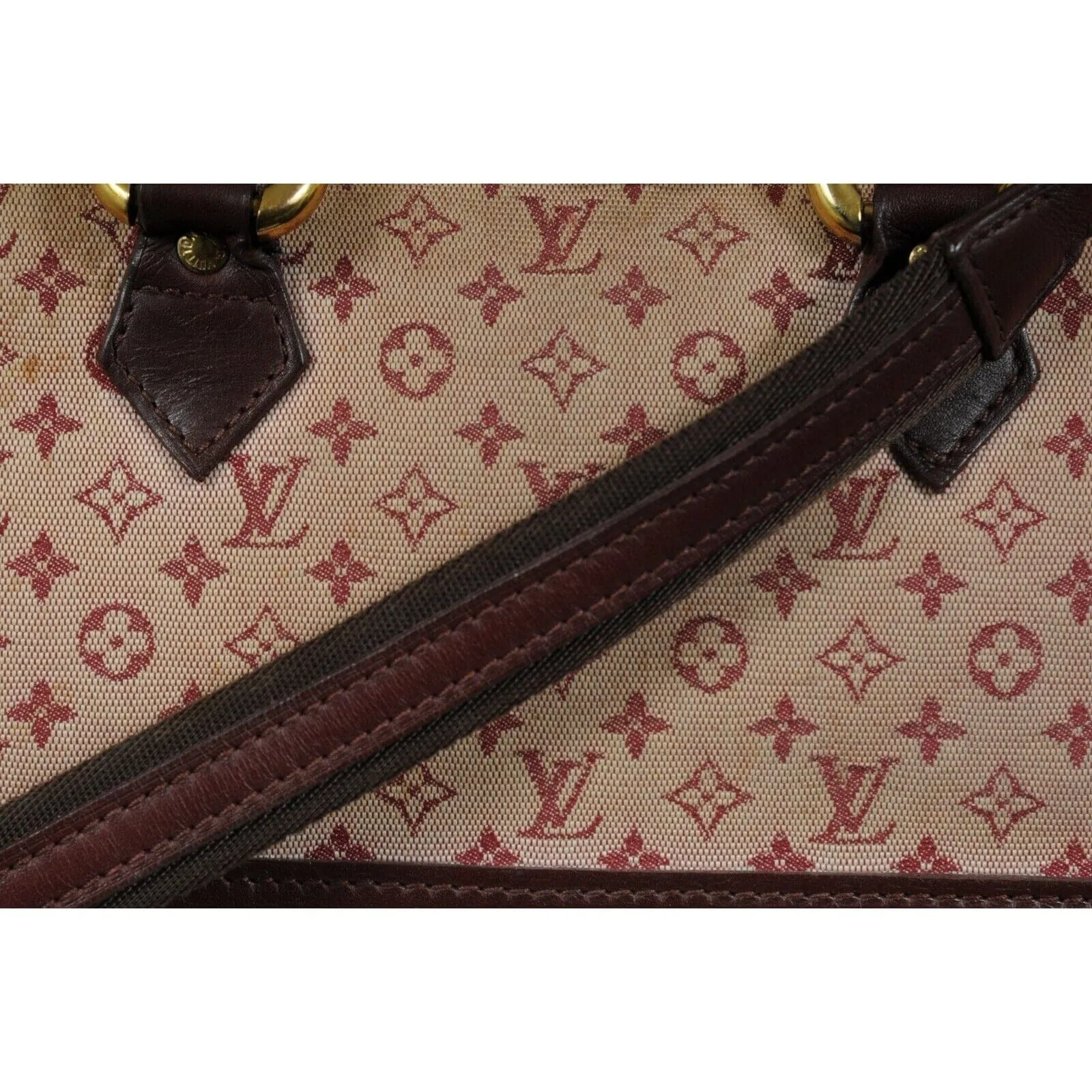 LV Monogram Mini Lin Alma Long Red Dark Brown Oval Shape Crossbody Top Handle