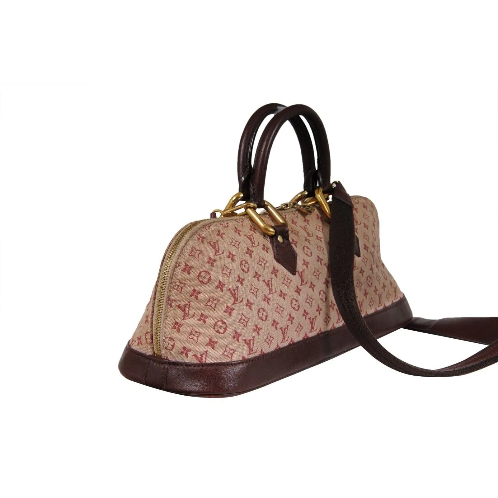 LV Monogram Mini Lin Alma Long Red Dark Brown Oval Shape Crossbody Top Handle