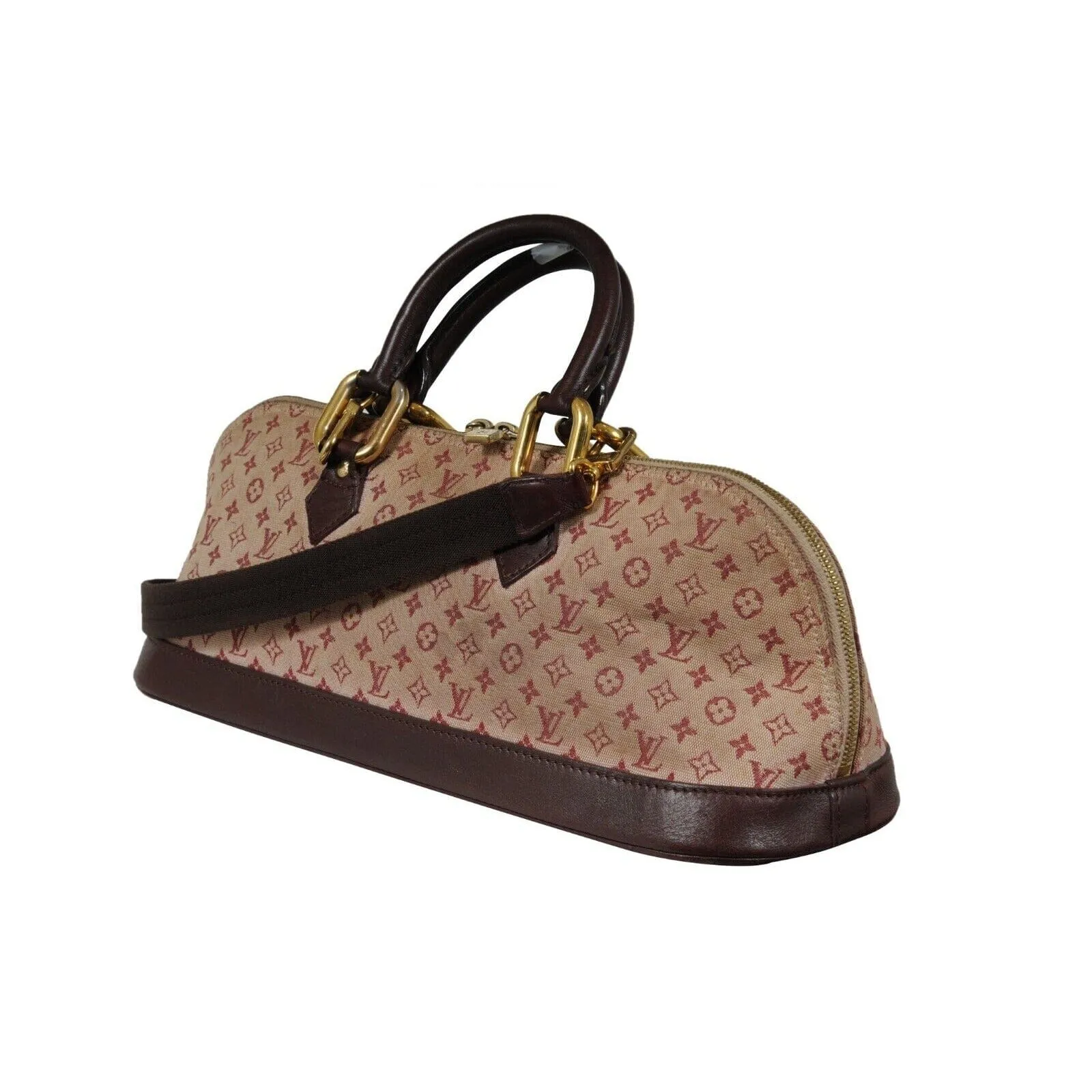 LV Monogram Mini Lin Alma Long Red Dark Brown Oval Shape Crossbody Top Handle