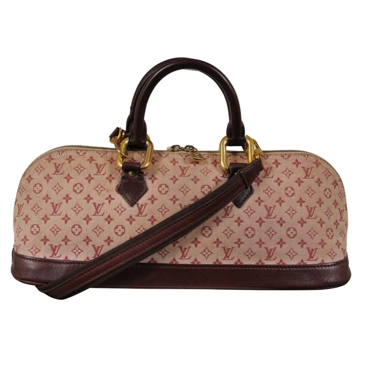 LV Monogram Mini Lin Alma Long Red Dark Brown Oval Shape Crossbody Top Handle