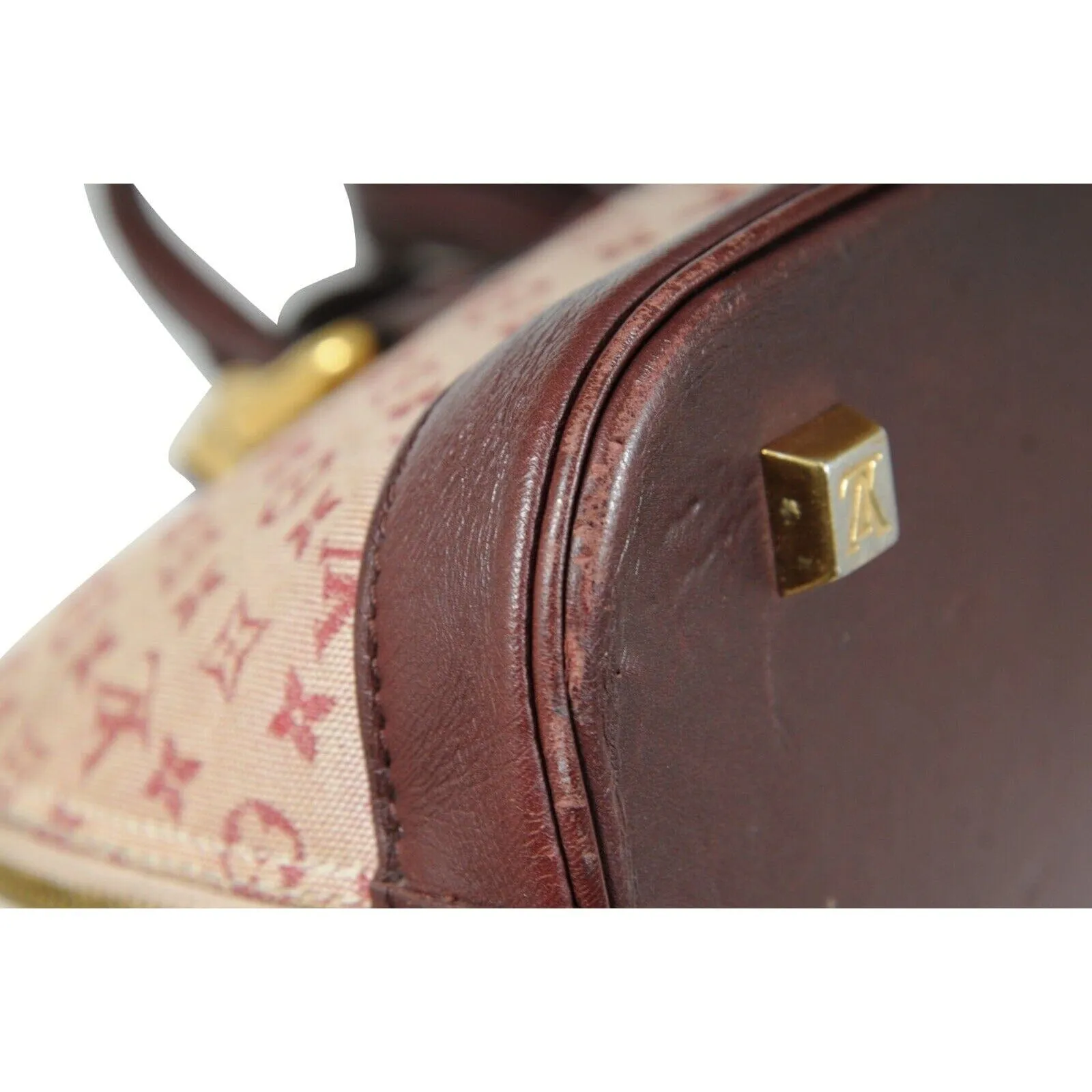 LV Monogram Mini Lin Alma Long Red Dark Brown Oval Shape Crossbody Top Handle