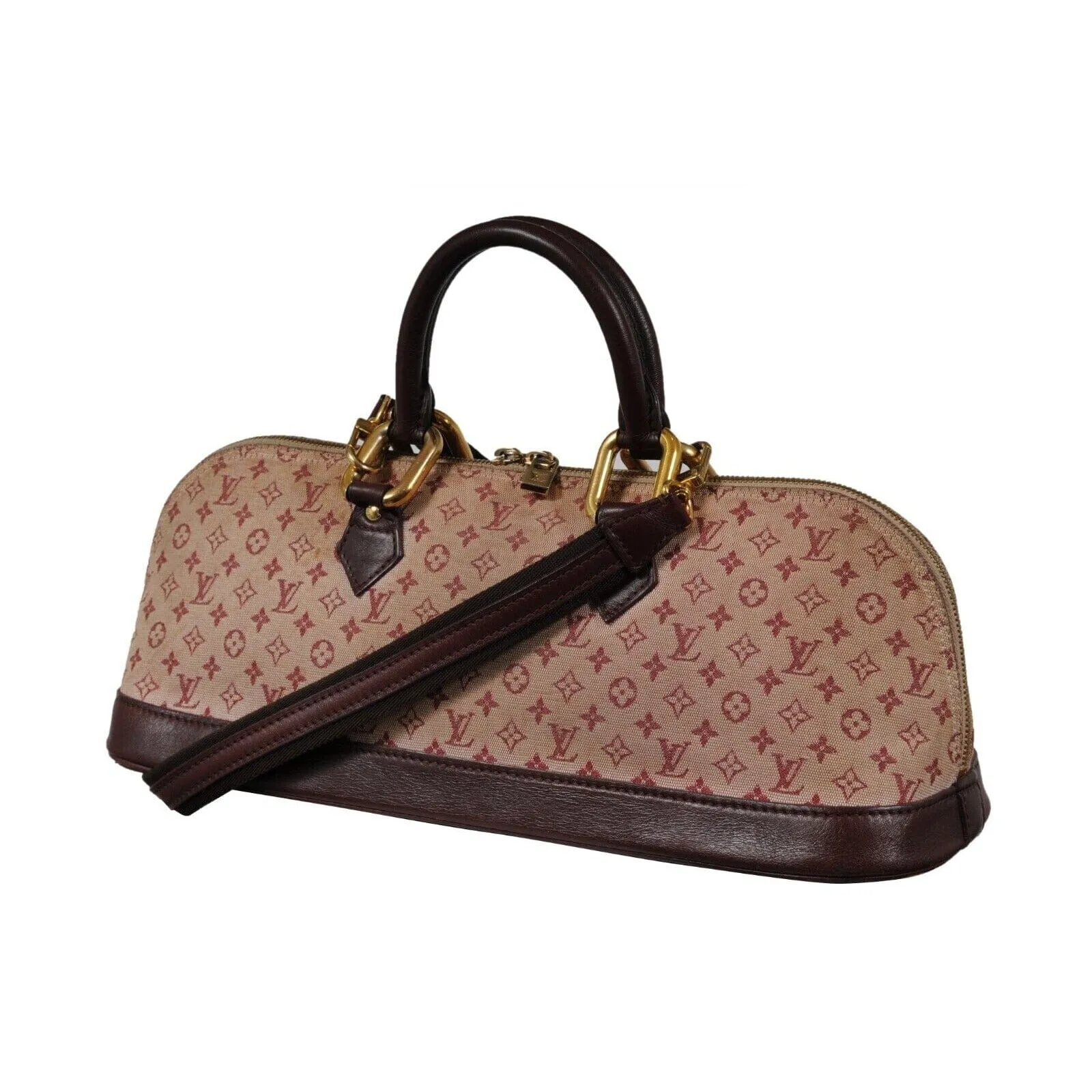 LV Monogram Mini Lin Alma Long Red Dark Brown Oval Shape Crossbody Top Handle