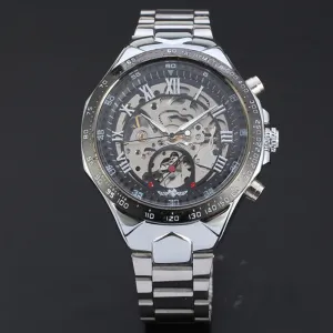 Mens Skeleton Watch with Stainless Band