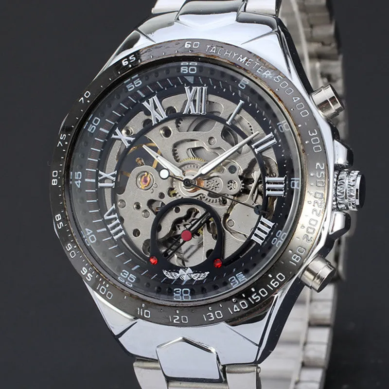 Mens Skeleton Watch with Stainless Band