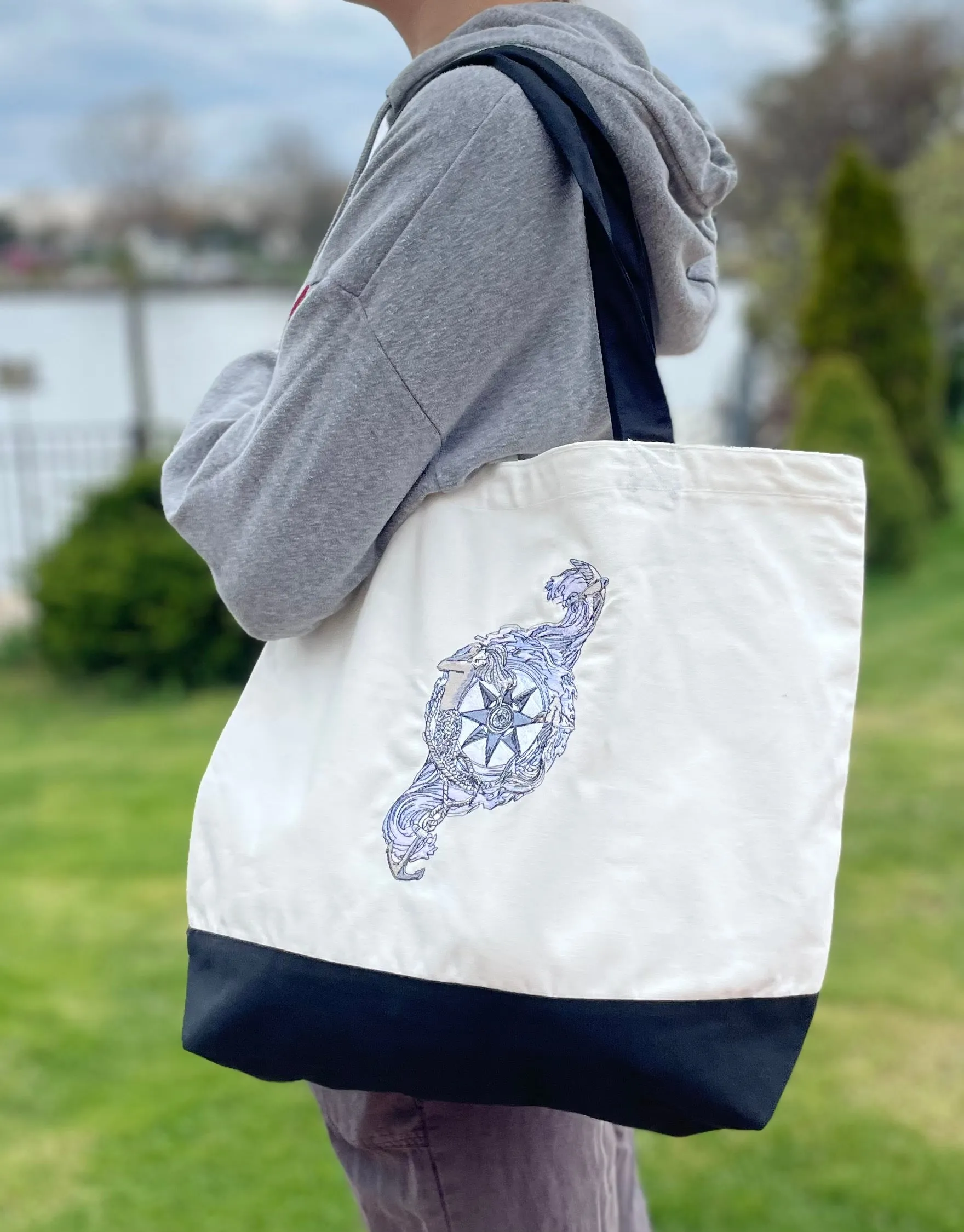 Mermaid With Compass Embroidered Cotton Canvas Tote Bag