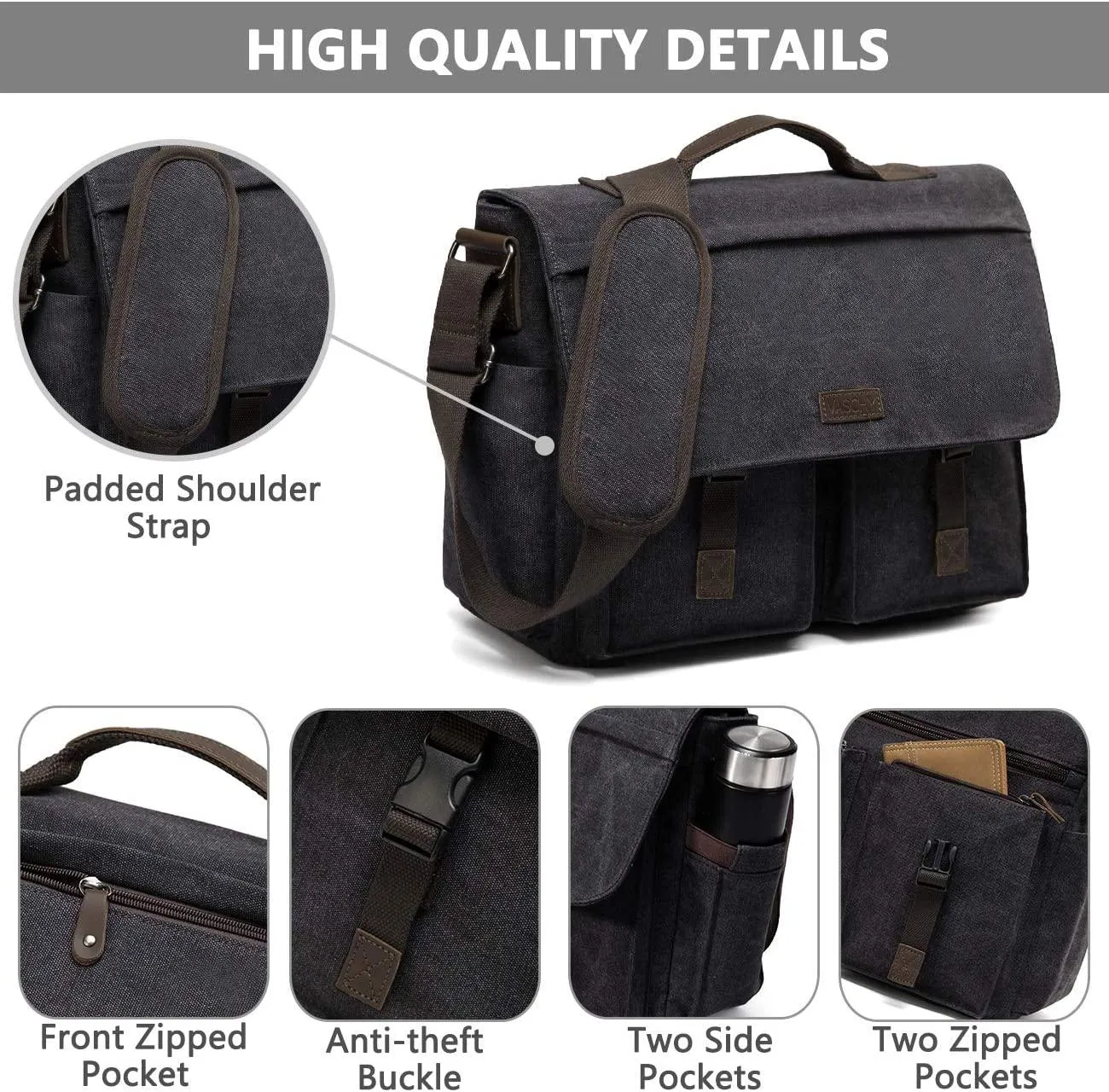 Messenger Bag for Men, VASCHY Vintage Water Resistant Waxed Canvas Satchel 15.6-17 inch Laptop Briefcase Shoulder Bag with Padded Shoulder Strap