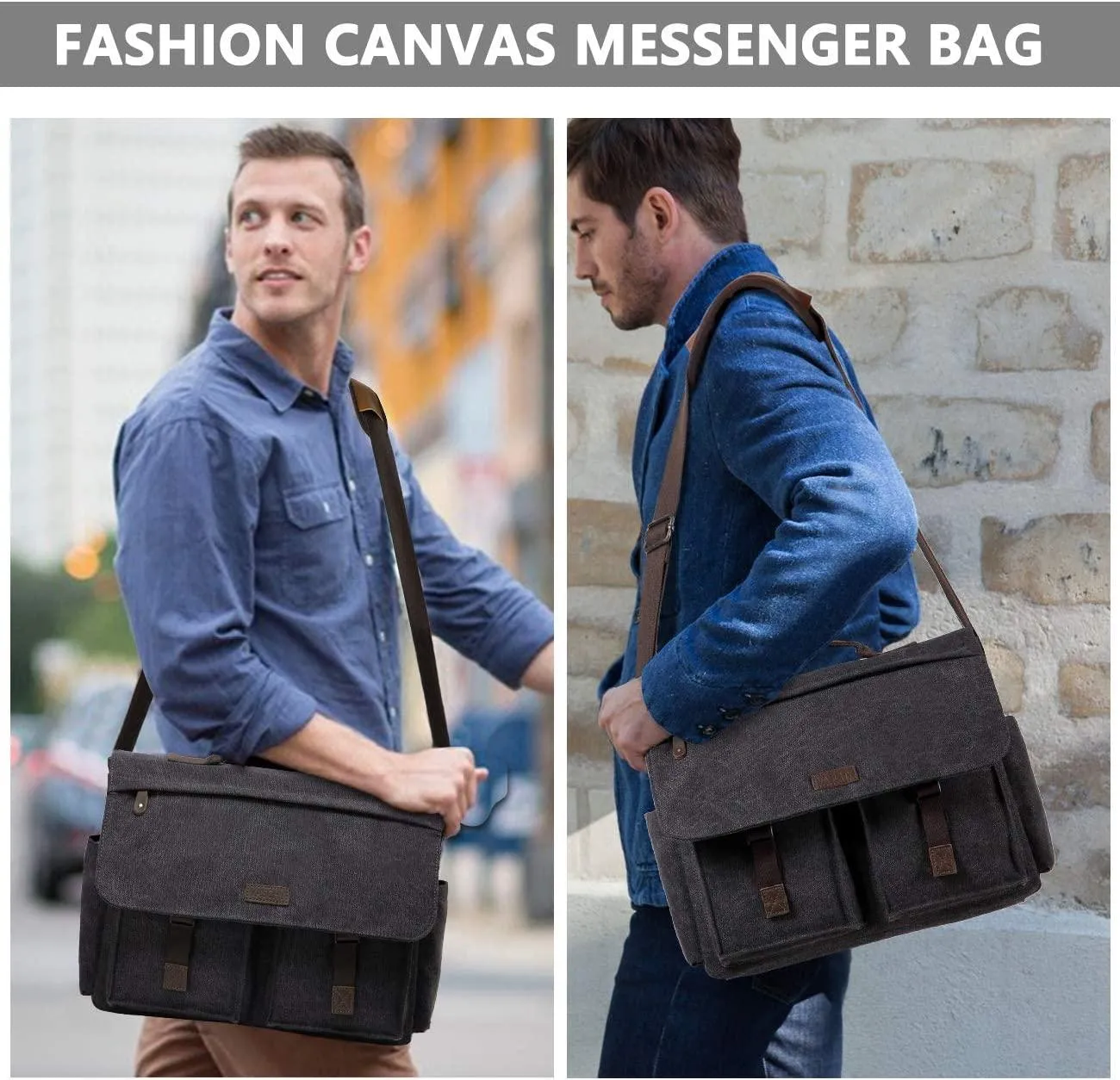 Messenger Bag for Men, VASCHY Vintage Water Resistant Waxed Canvas Satchel 15.6-17 inch Laptop Briefcase Shoulder Bag with Padded Shoulder Strap