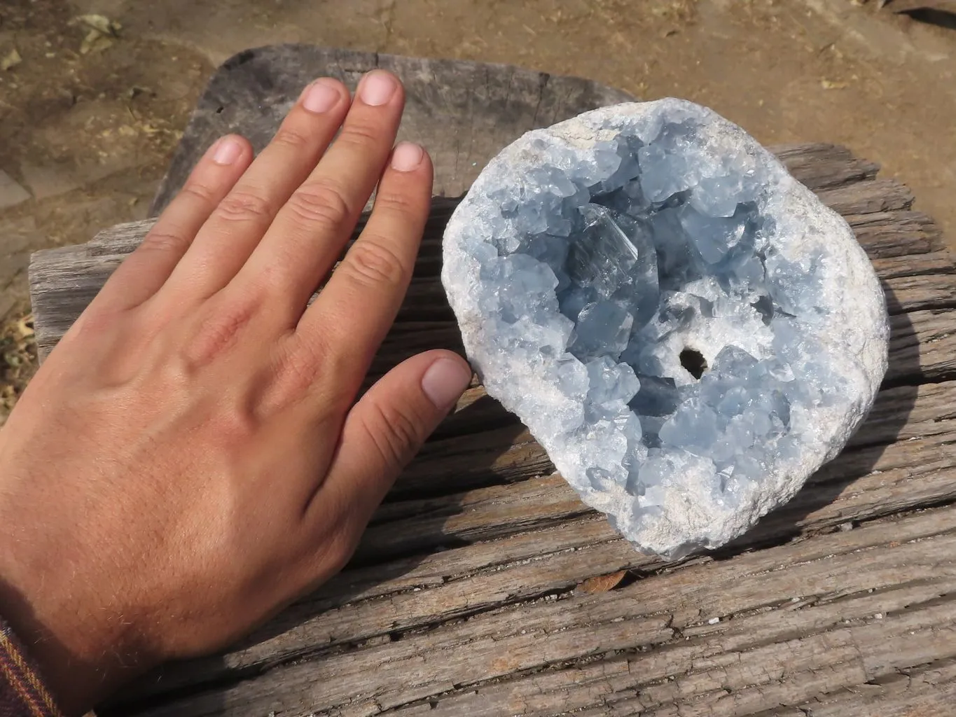 Natural Blue Celestite Geode Specimen With Cubic Crystals (Hole Drilled In Back For Light) x 1 From Sakoany, Madagascar