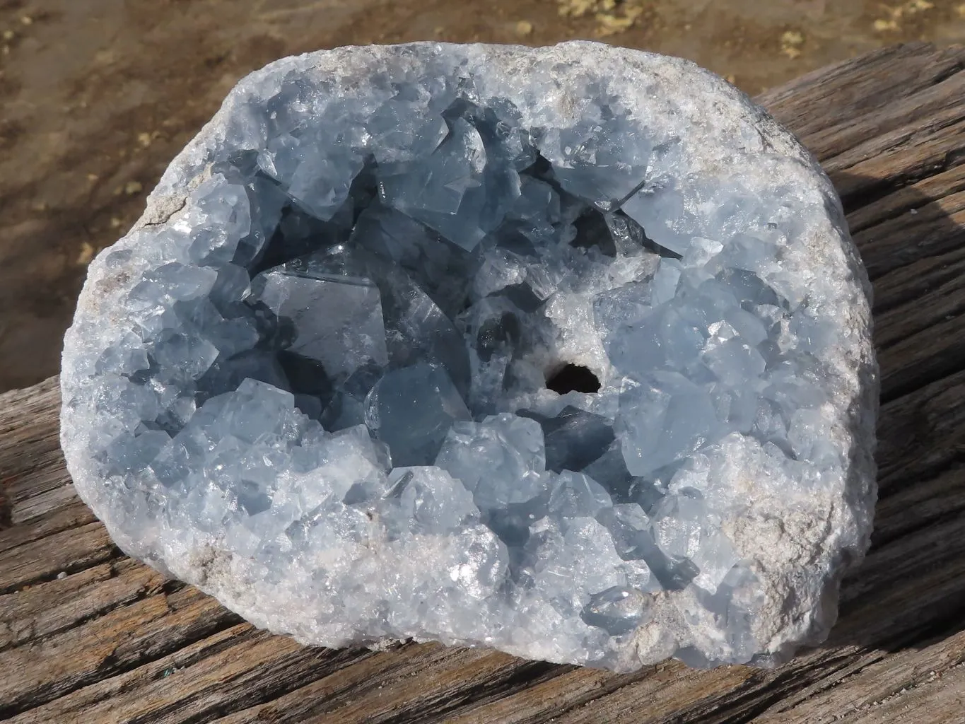 Natural Blue Celestite Geode Specimen With Cubic Crystals (Hole Drilled In Back For Light) x 1 From Sakoany, Madagascar