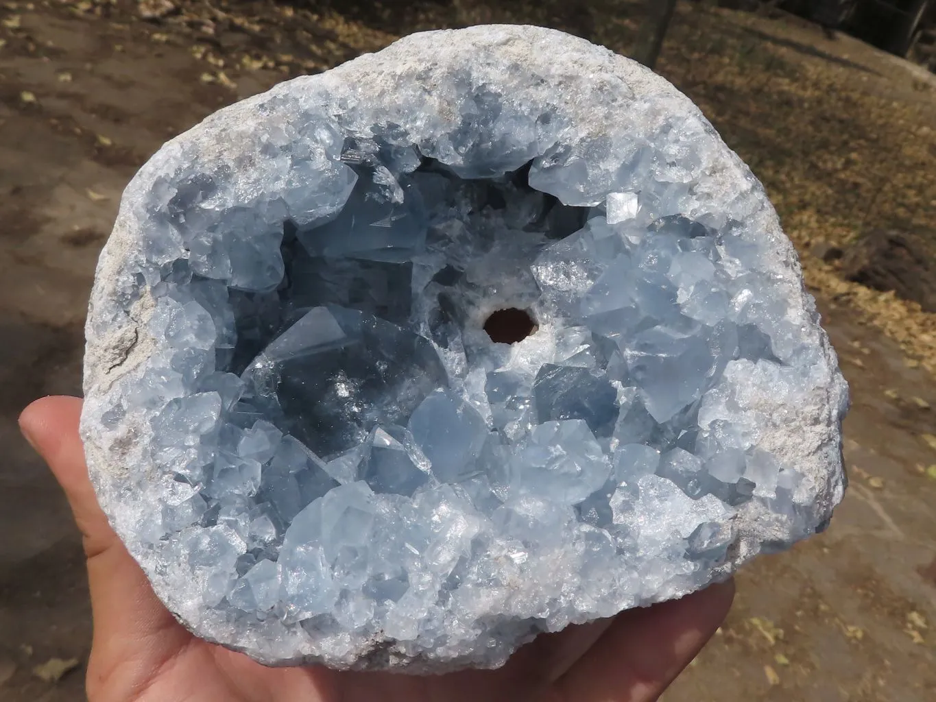 Natural Blue Celestite Geode Specimen With Cubic Crystals (Hole Drilled In Back For Light) x 1 From Sakoany, Madagascar