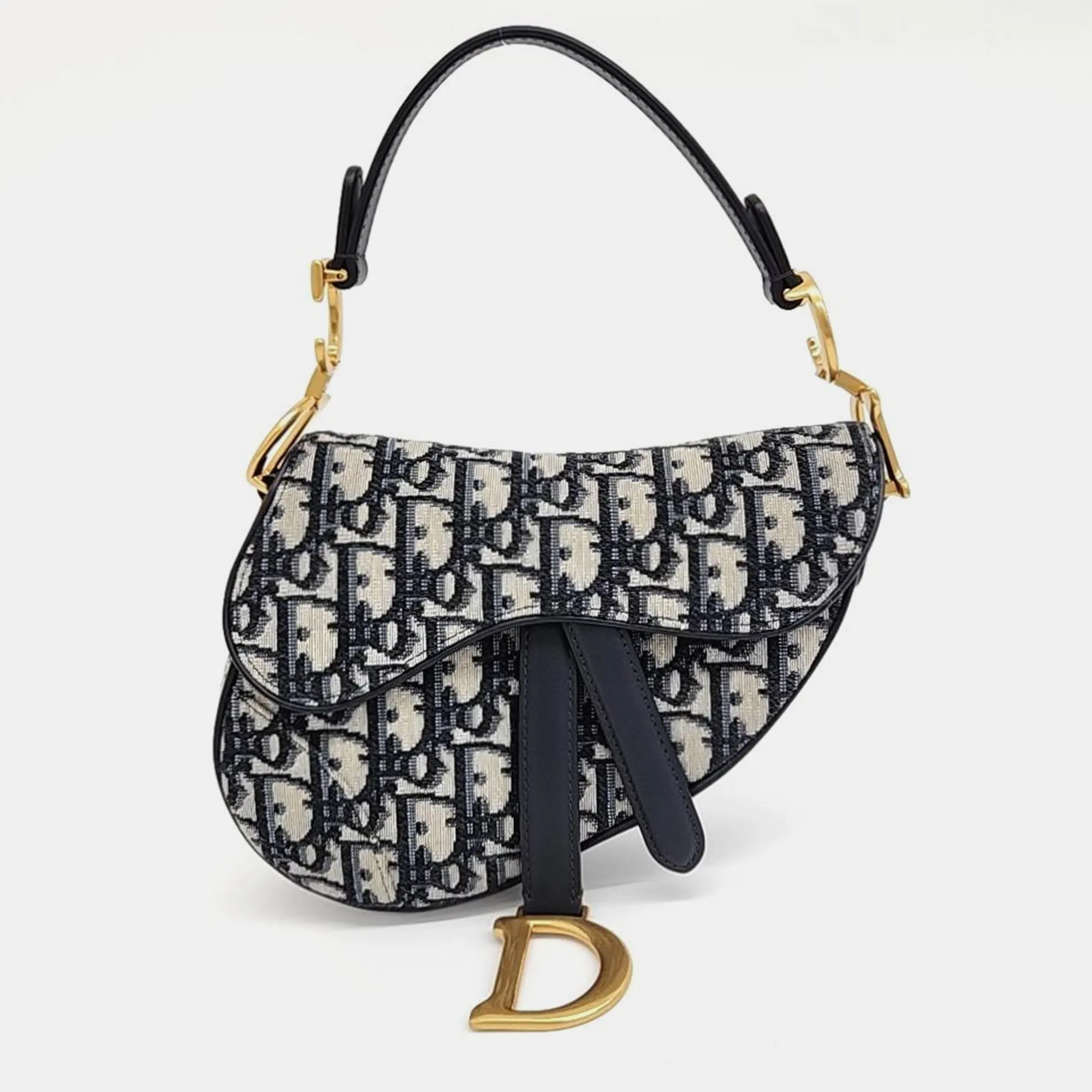 Navy Blue/Beige Oblique Canvas and Leather Mini Saddle Bag