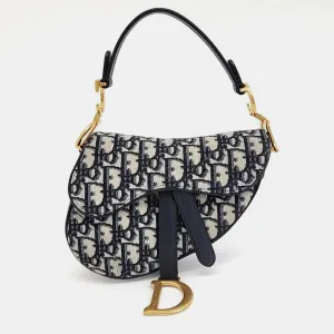 Navy Blue/Beige Oblique Canvas and Leather Mini Saddle Bag