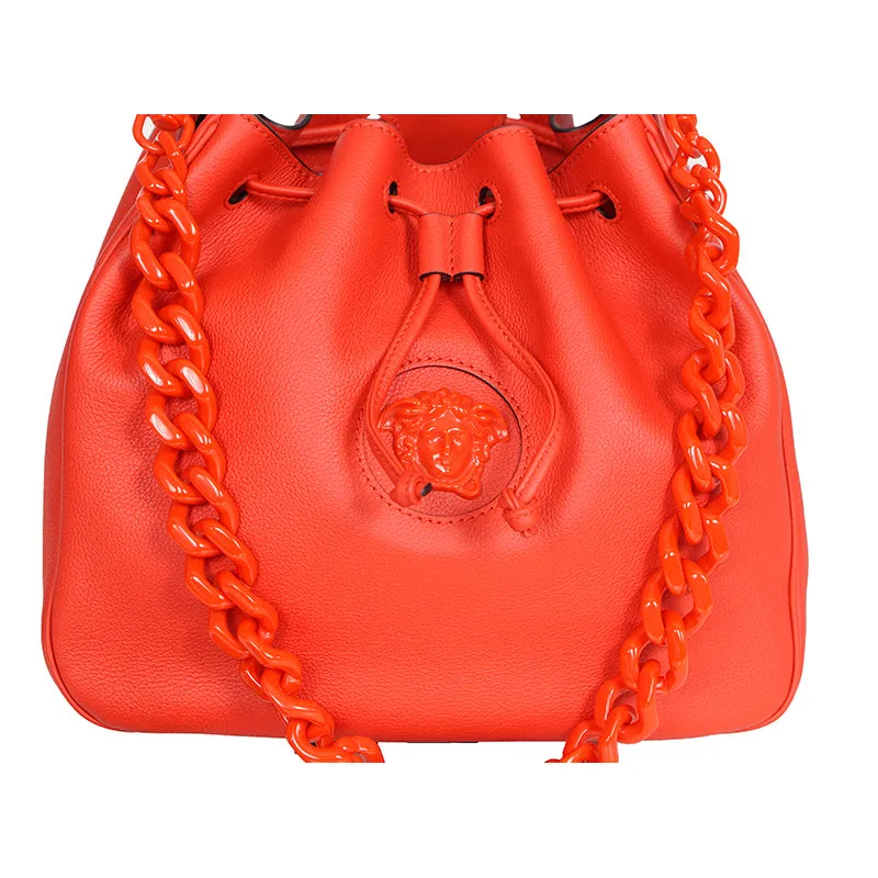 NEW $2325 VERSACE Red Leather LA MEDUSA Drawstring Bucket BAG CHAIN & 2 STRAPS