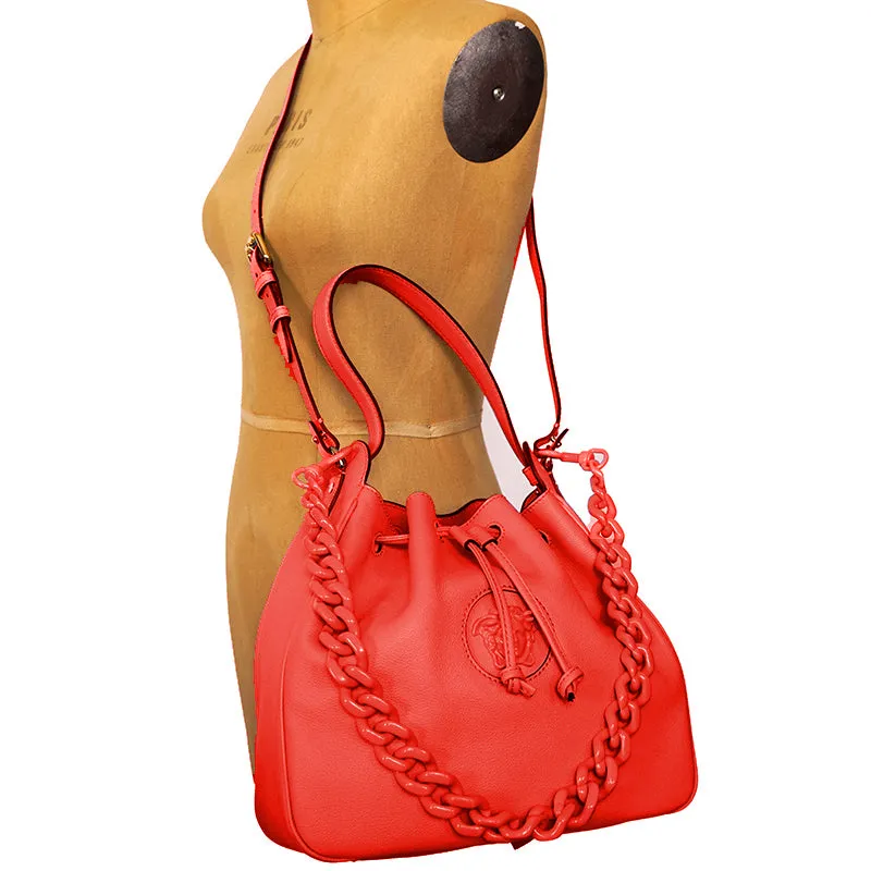 NEW $2325 VERSACE Red Leather LA MEDUSA Drawstring Bucket BAG CHAIN & 2 STRAPS