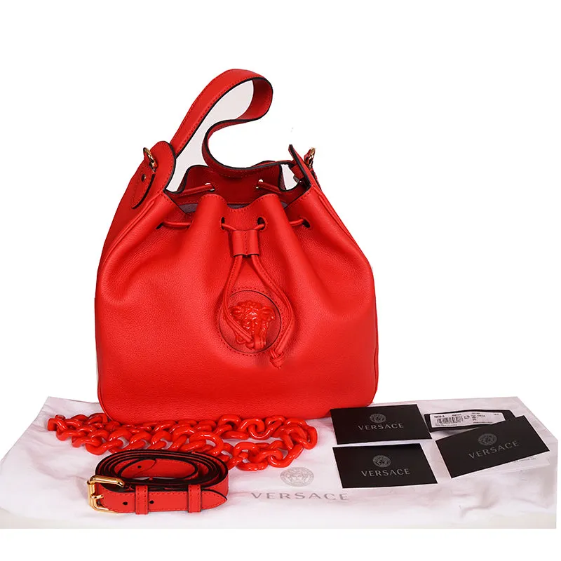 NEW $2325 VERSACE Red Leather LA MEDUSA Drawstring Bucket BAG CHAIN & 2 STRAPS