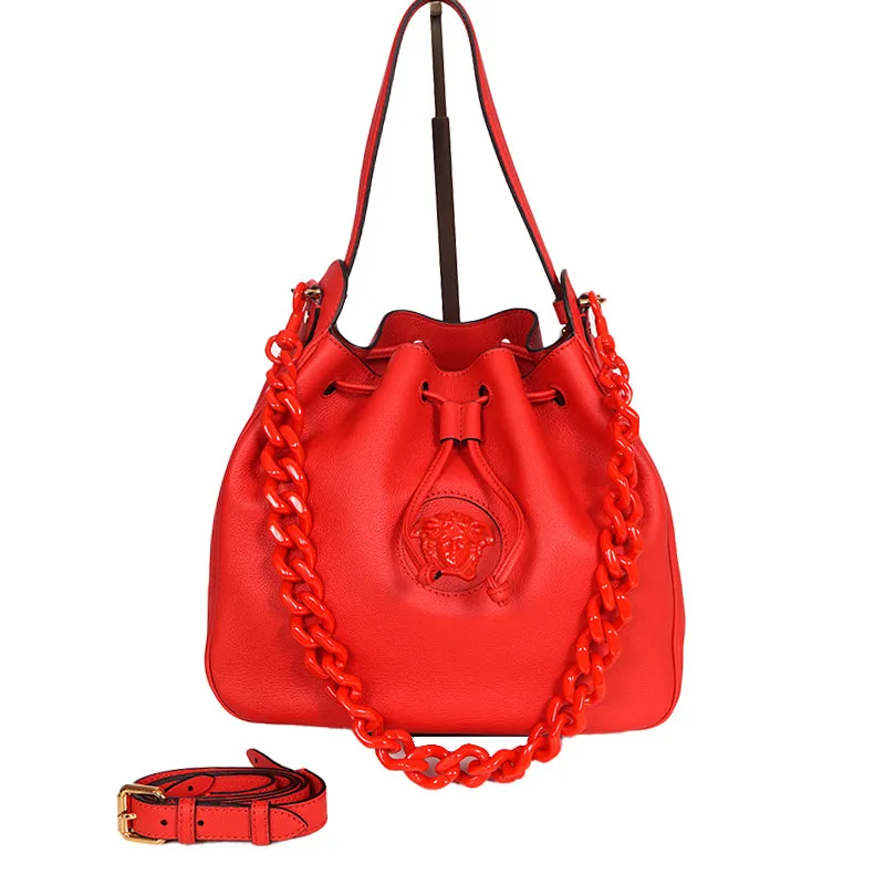 NEW $2325 VERSACE Red Leather LA MEDUSA Drawstring Bucket BAG CHAIN & 2 STRAPS