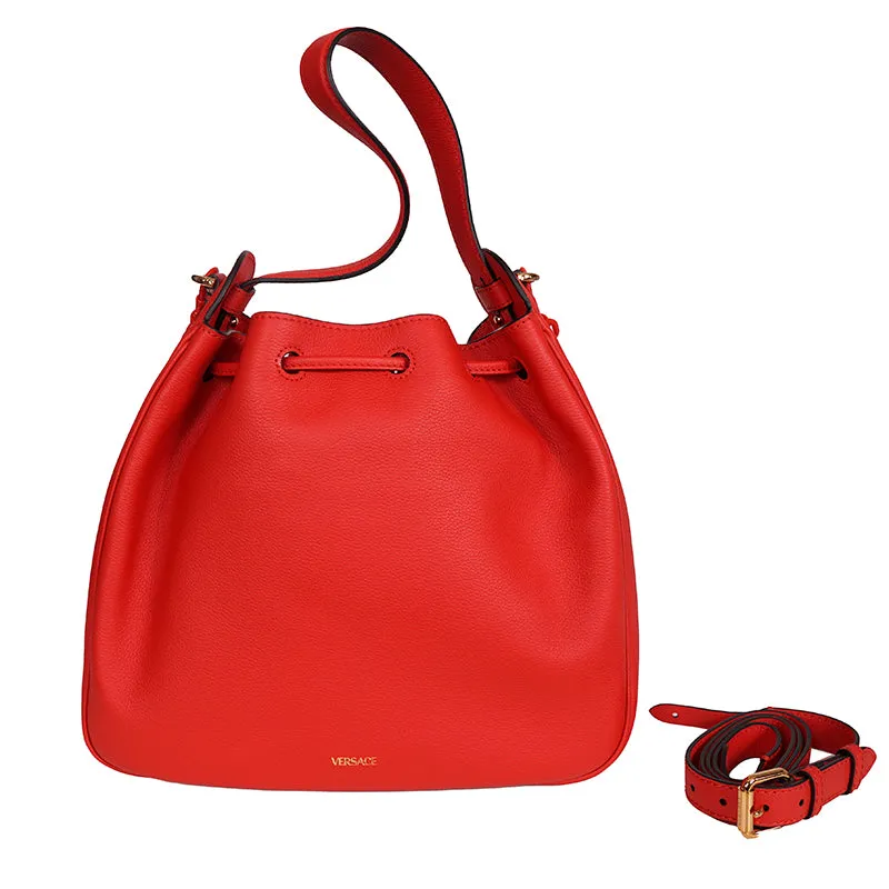 NEW $2325 VERSACE Red Leather LA MEDUSA Drawstring Bucket BAG CHAIN & 2 STRAPS