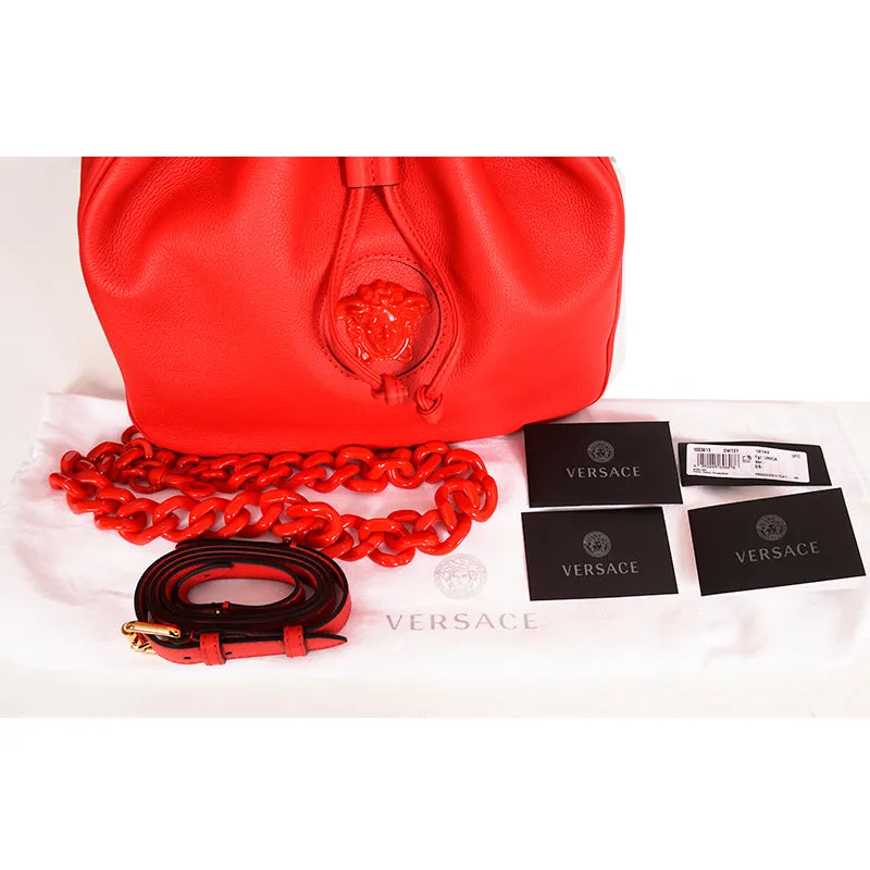 NEW $2325 VERSACE Red Leather LA MEDUSA Drawstring Bucket BAG CHAIN & 2 STRAPS