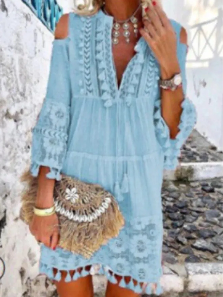 New Spring Embroidery Crochet Lace Boho Dress Women Elegant Off Shoulder Tassel Ruffle Mini Dress Summer V Neck Lady Beach Dress