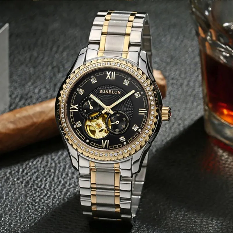 New style SUNBLON S505B Stainless Steel Mechanical Skeleton Watch