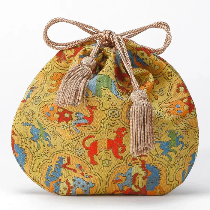 Nishijin-ori Small Drawstring Bag - Biting Lions, Birds, and Miscellaneous Animal / Gold -,  Made in Kyoto, Japan,  Japanese traditional craft purse