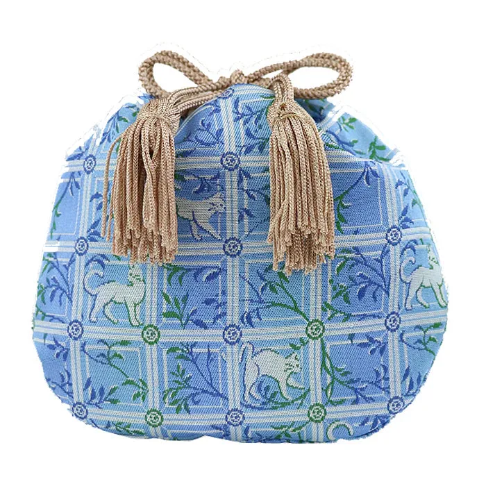 Nishijin-ori Small Drawstring Bag - Cat / Blue -,  Made in Kyoto, Japan,  Japanese traditional craft purse