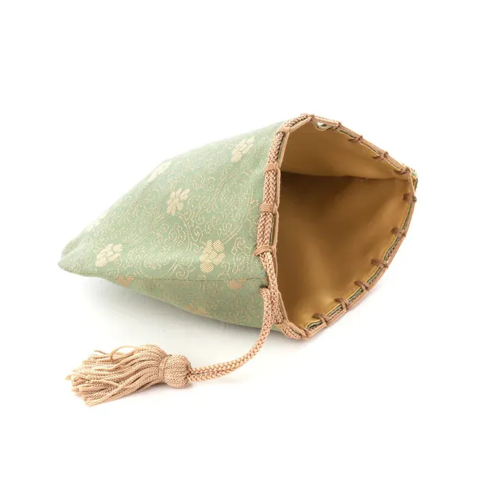 Nishijin-ori Small Drawstring Bag - Chrysanthemum and Peony Flowers / Green -,  Made in Kyoto, Japan,  Japanese traditional craft purse