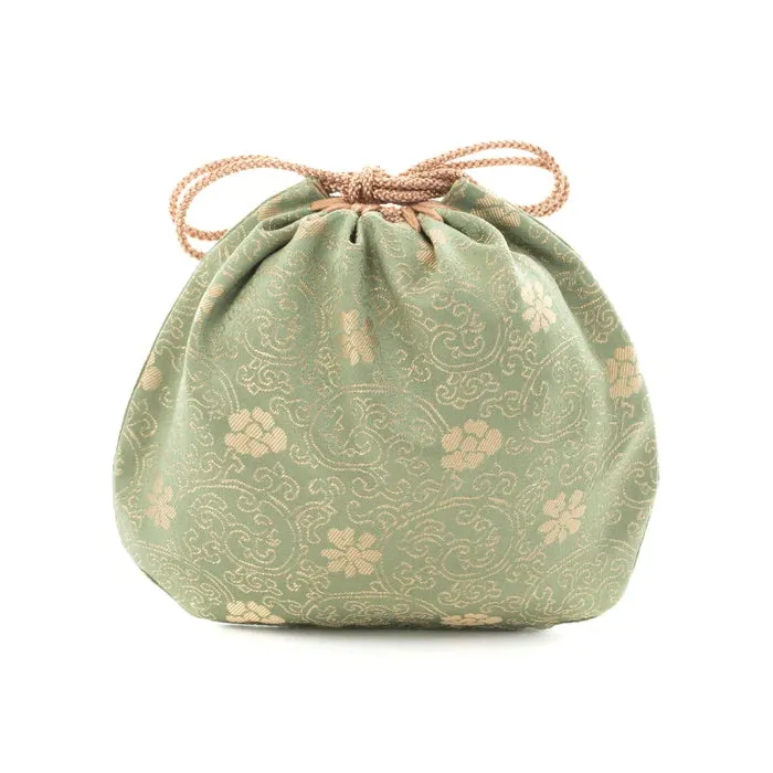 Nishijin-ori Small Drawstring Bag - Chrysanthemum and Peony Flowers / Green -,  Made in Kyoto, Japan,  Japanese traditional craft purse