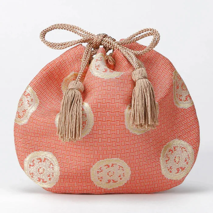 Nishijin-ori Small Drawstring Bag - Wheel-shaped Treasure / Rose -,  Made in Kyoto, Japan,  Japanese traditional craft purse