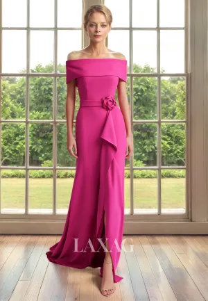 Off Shoulder Pleated Sleek Satin Elegant Mother of the Bride Dress with Train