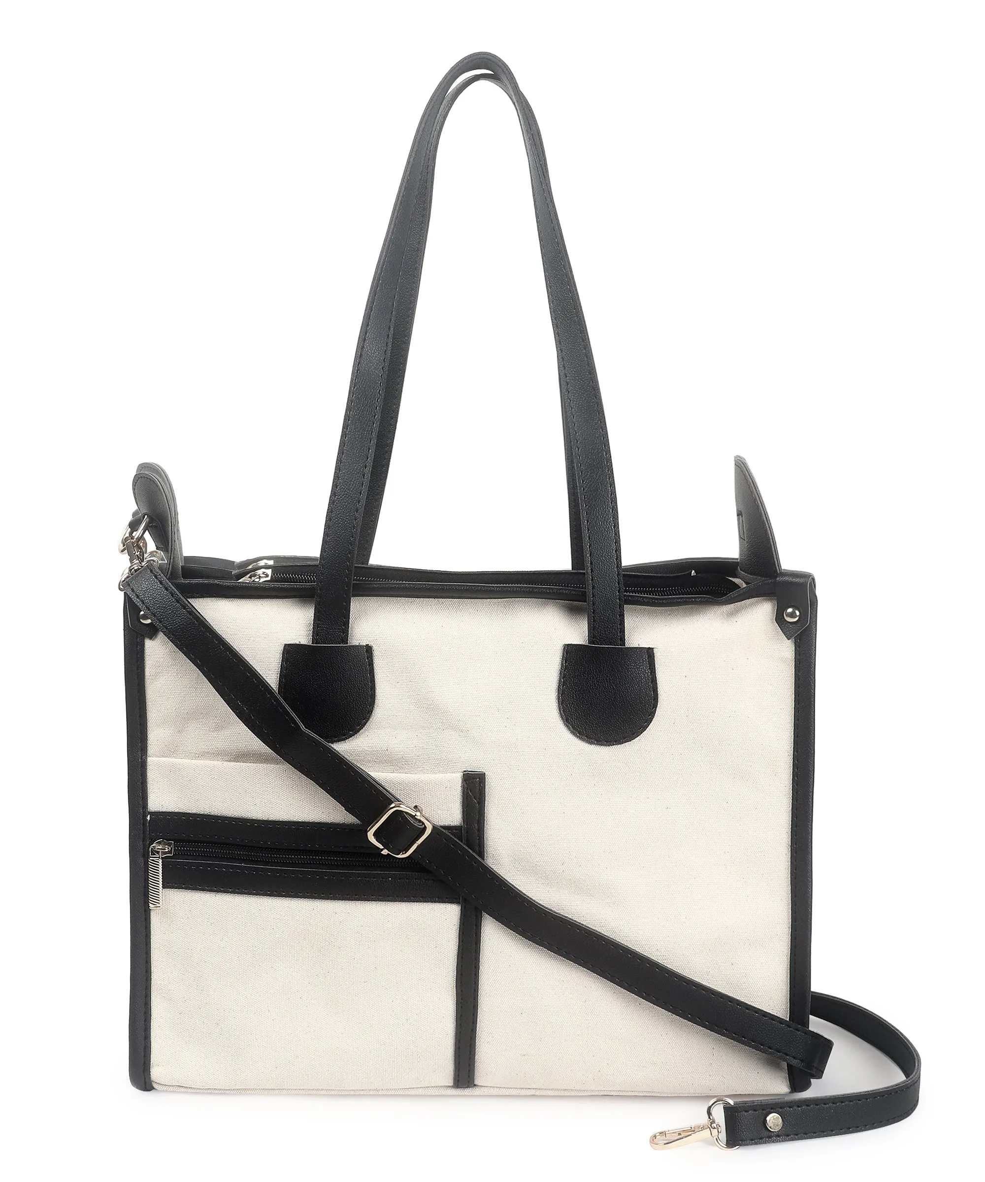 Off White-Black Canvas Handbag For Women