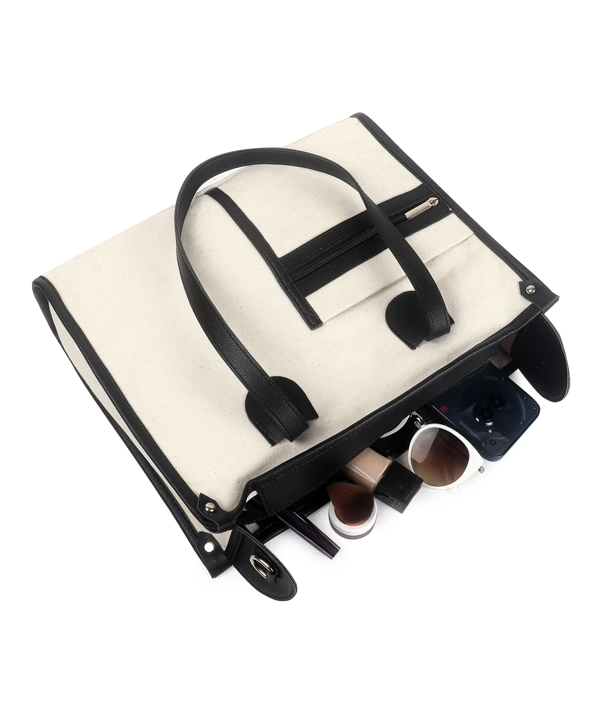 Off White-Black Canvas Handbag For Women