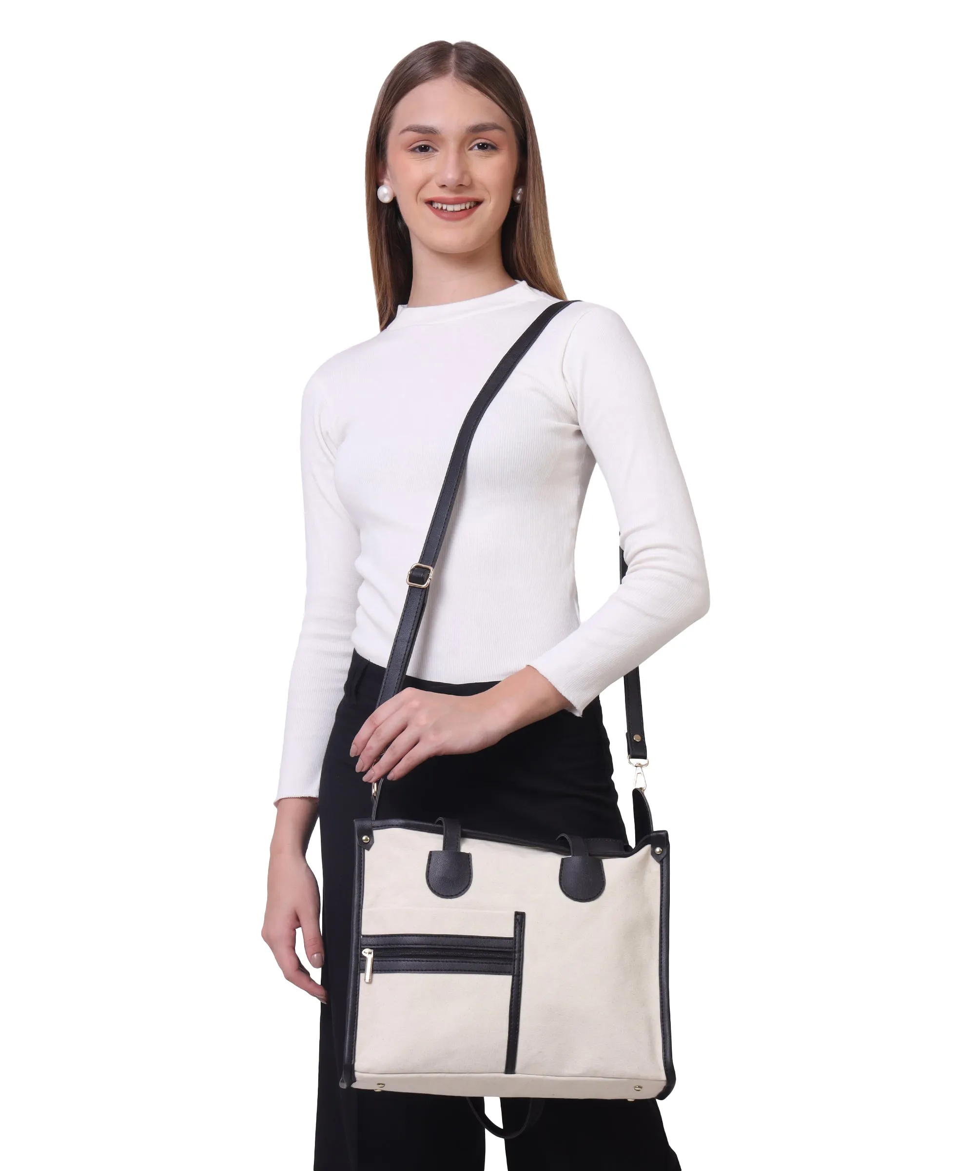 Off White-Black Canvas Handbag For Women