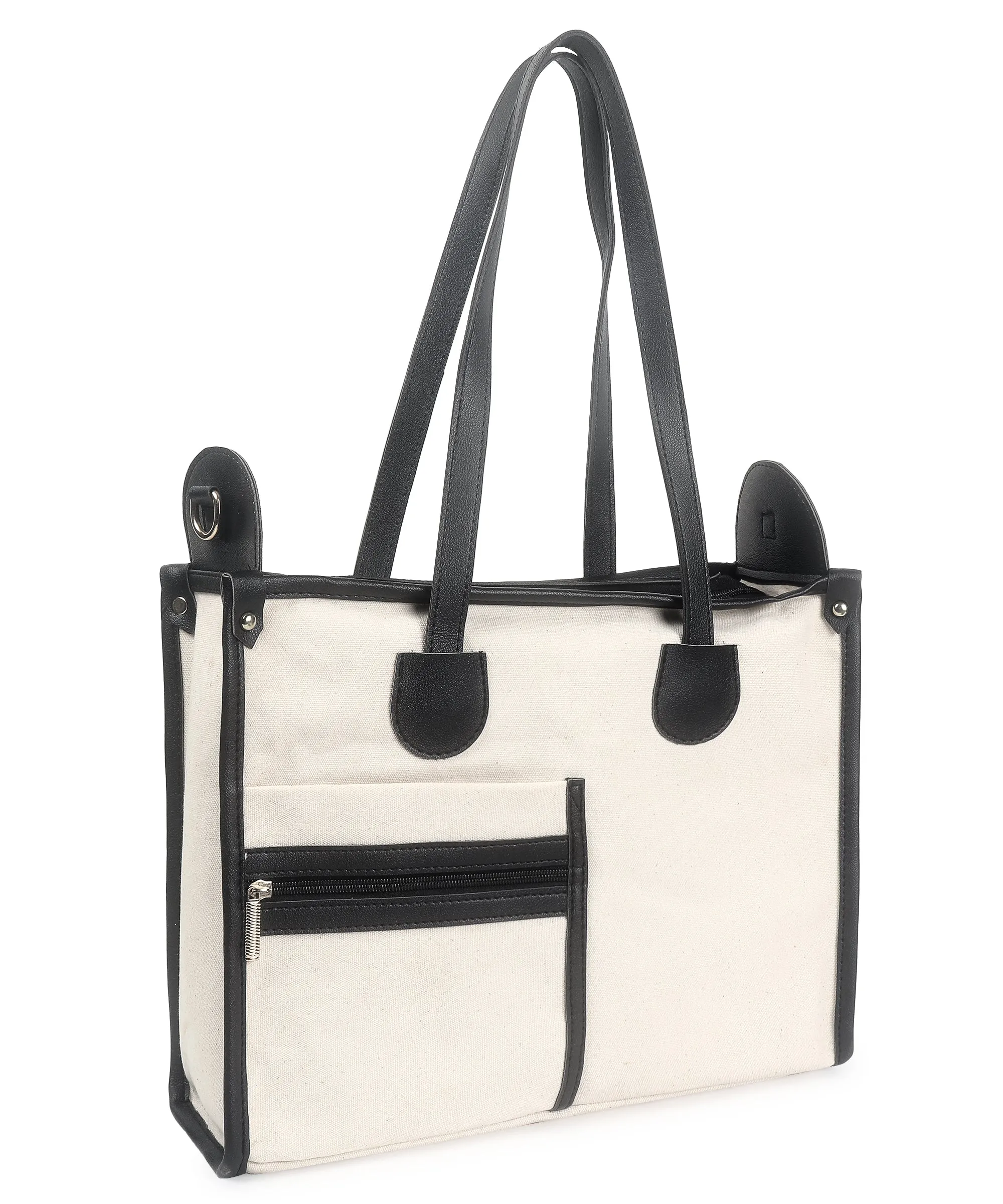 Off White-Black Canvas Handbag For Women