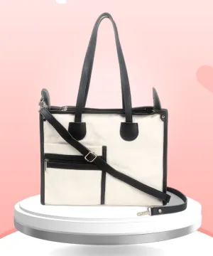 Off White-Black Canvas Handbag For Women