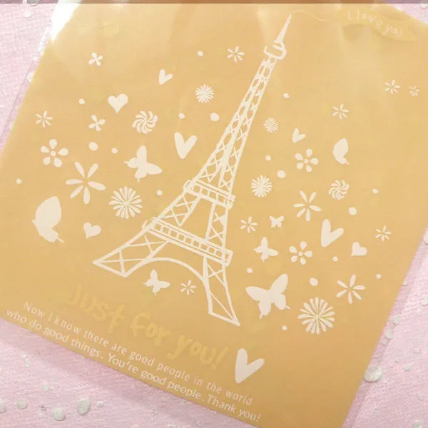 Paris Tower Gift Bags (20 pcs / Light Orange) Kawaii Self Adhesive Plastic Bag Gift Wrapping Bag Packaging Cookie Bag (9.7cm x 10.3cm) GB087