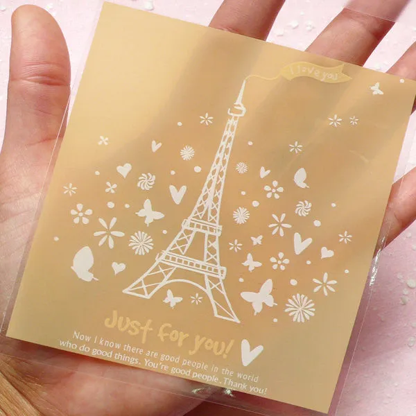 Paris Tower Gift Bags (20 pcs / Light Orange) Kawaii Self Adhesive Plastic Bag Gift Wrapping Bag Packaging Cookie Bag (9.7cm x 10.3cm) GB087