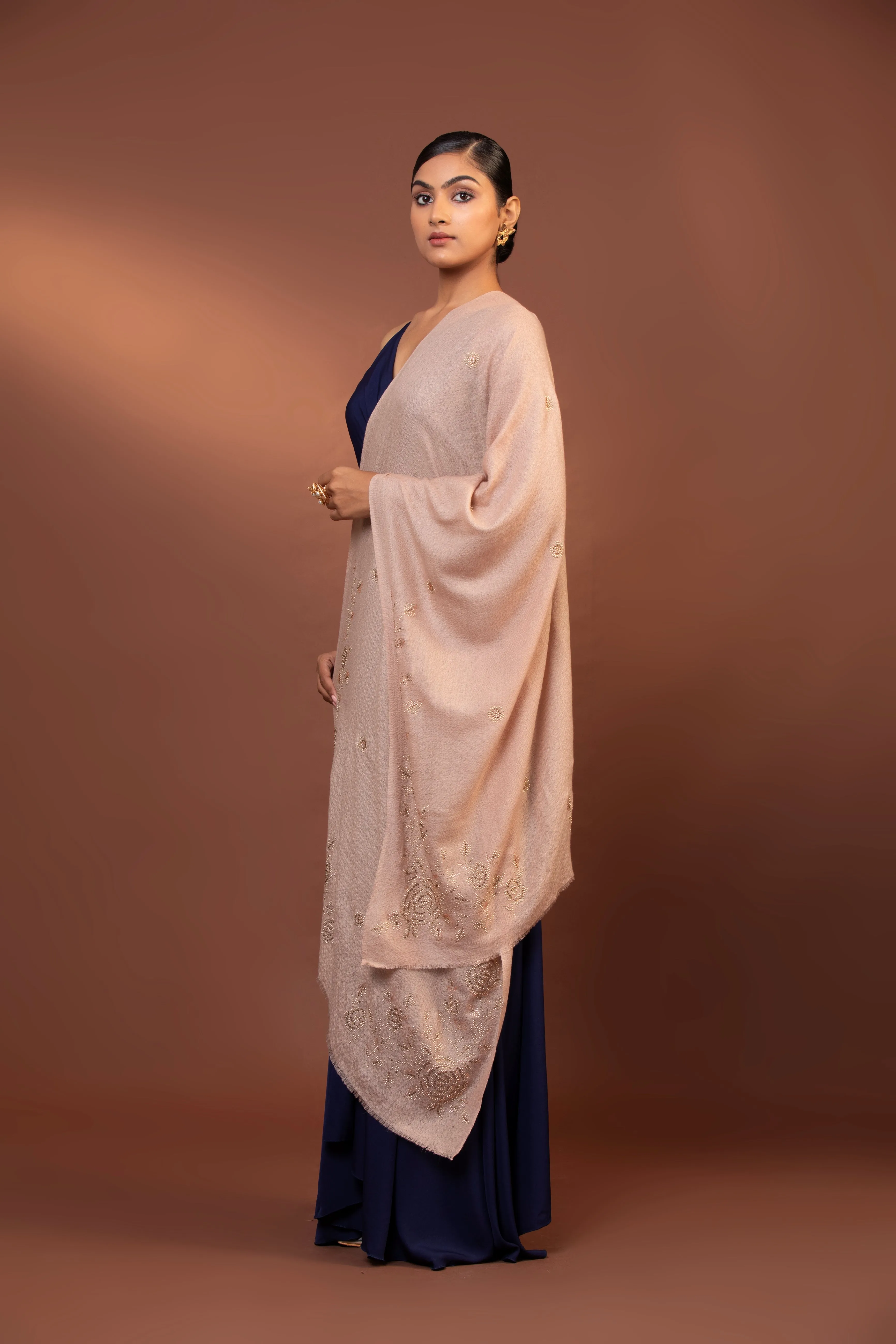 Peach Fine Wool Hand-Woven Shawls for Women with Elegant Border Work