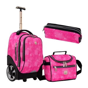 Pink Floral Big Wheel School Bag Trolley Set of 3 (Lunch Bag & Pencil Case)