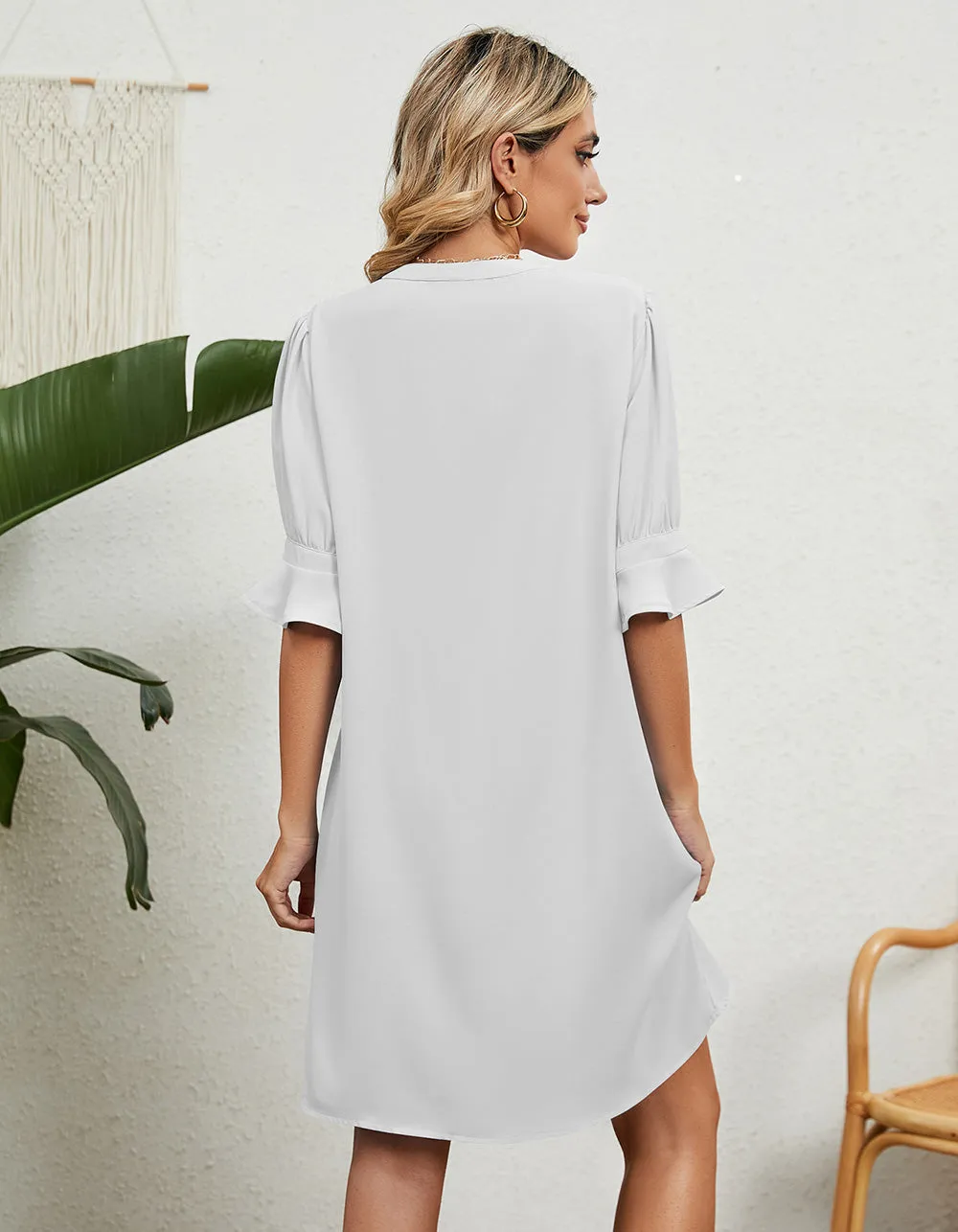 Plain V-Neck Loose Ruffle 1/2 Sleeve Short A Line Dresses