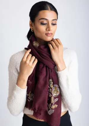 Plum Cashmere Scarf with Metalic Hand-Embroidery and Plum Floral Lace Appliques